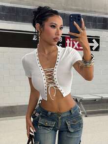StreetHx Summer Women's V-Neck Lace-Up Short Sleeve T-Shirt Top - White - View 5