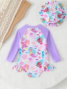 Cute Cartoon Mermaid Back Zipper Long Sleeve Sun Protection One-Piece Swimsuit Ruffle Trim Sun Protection Cute Hat - Mauve Purple - View 2