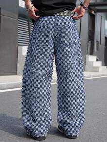 Manfinity Roghcode Jeans de pierna ancha con bolsillos y corte a cuadros para hombres - Azul - Ver 2