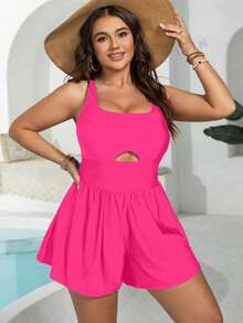 Swim Lushoire Casual Sports Square Neck Loose Fit Plus Size One-Piece Swimsuit - Hot Pink - View 6