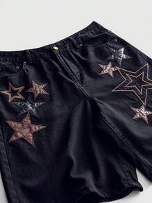 ROMWE MEN 男款星星刺繡口袋休閒牛仔短褲 - 黑色 - 查看 5