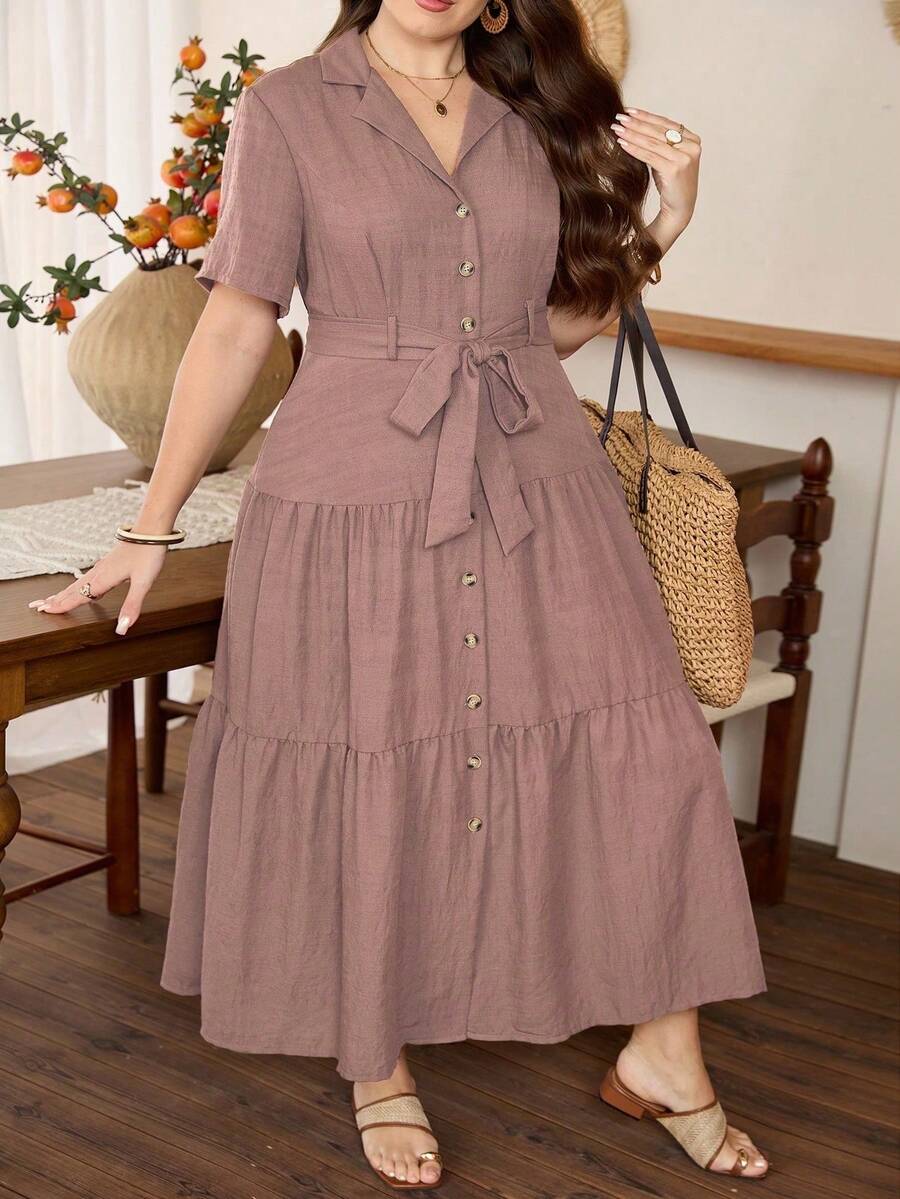 Lacomfia Elegant Waist-Cinching Short Sleeve Split A-Line Plus Size Dress, Suitable For All Occasions In Spring And Summer - Dusty Pink - View 1