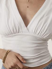 Aralina Women's Summer Cross Front V Neck Elbow Sleeve T Tee Holiday Vacation Beach Date Festival Top All White Casual - Khaki - View 6
