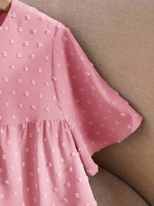 Rusticease Camisa holgada de manga corta con volantes y cuello redondo de unicolor para mujer talla grande, estilo bohemio para mujer/verano - Rosa Pálido - Ver 4