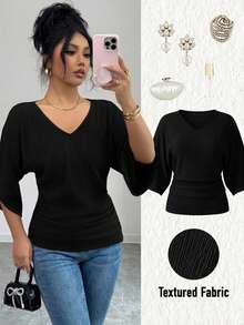 Elenzga Women's Textured Fabric V-Neck Loose Waist-Cinched Ruched Waist Figure-Flattering Design High-End Elegant Birthday Gift Date Versatile Short Sleeve - Black - View 3