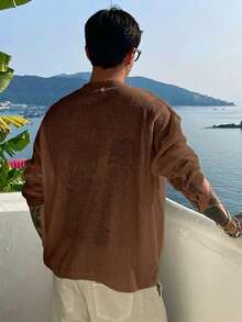 DAZY 夏季度假海灘風紋理面料棕色半開領男士針織上衣 - 棕色 - 查看 2