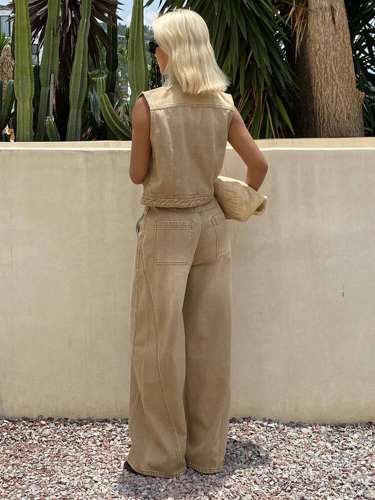 Livesso Bộ 2 món áo khoác denim kiểu vest màu khaki vintage & quần jean ống đứng casual cho nữ, xuân/hè - Màu Khaki - Xem 4