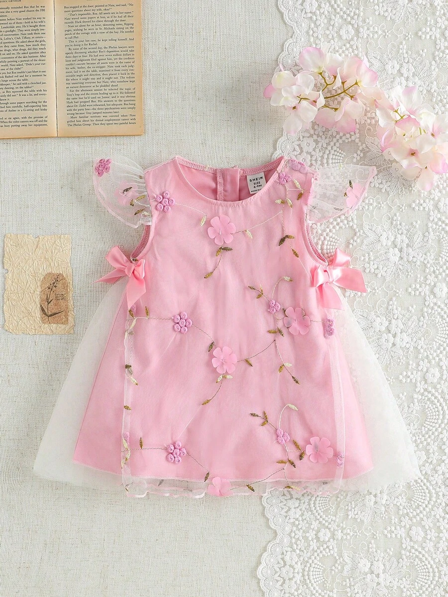 SHEIN Baby Girl 0-3 Years Spring/Summer Princess Style 3D Pink Floral Mesh Bow Dress, Suitable For Birthday Party, Evening Event, Everyday Wear, Vacation - Pink - View 1