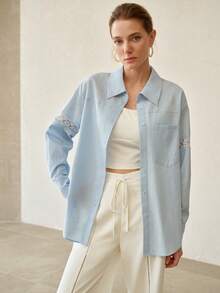 MOTF PREMIUM FASHIONABLE EXQUISITE DESIGN HIGH-END EMBROIDERED LACE WOMEN'S TURN COLLAR LONG SLEEVE BLOUSE - Blue - View 4