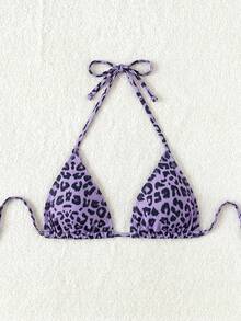 Swim Vcay Women's Leopard Print Halter Neck Tie Bikini Top, Suitable For Summer Vacation And Beach - Multicolor - View 4