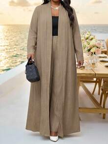 SHEIN Lady Plus Size Women's Solid Color Casual Versatile Daily Long Sleeve Jacket - Khaki - View 4