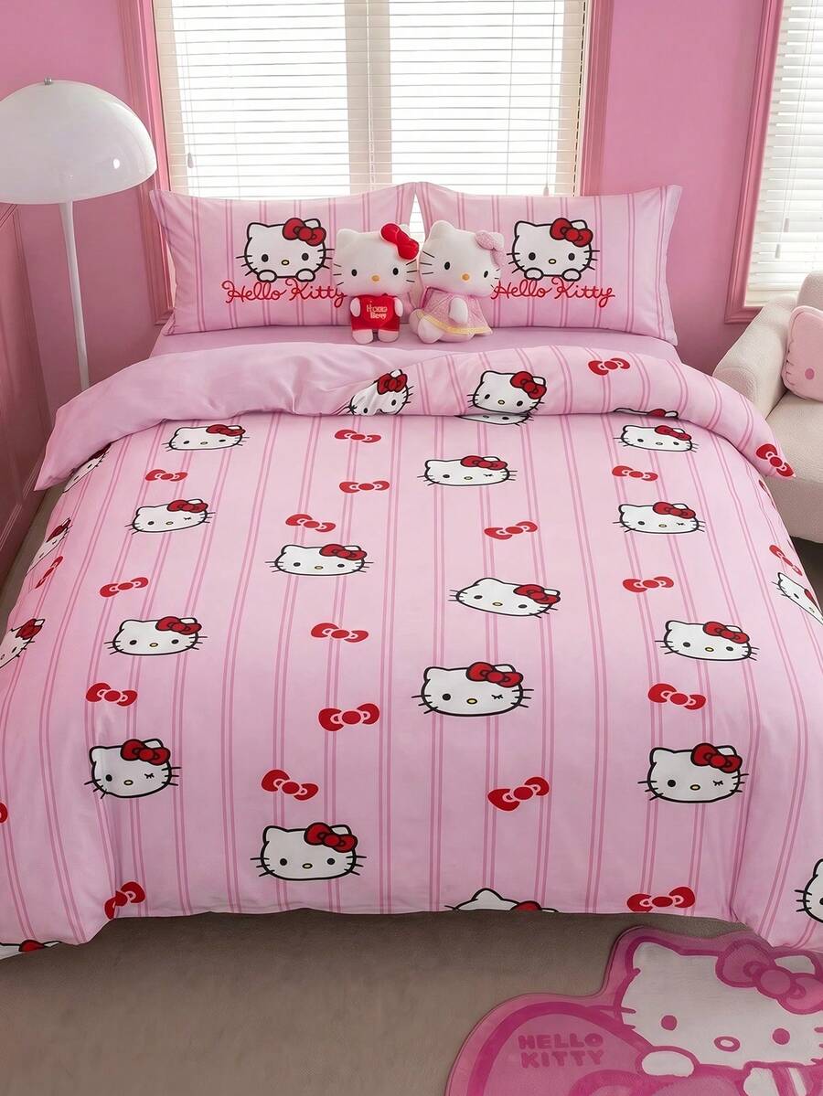 HELLO KITTY AND FRIENDS | SHEIN 3件組粉色條紋蝴蝶結裝飾被套組，卡通角色圖案，光滑柔軟保暖材質，多尺寸適用於單人床/雙人床/加大床/特大床，創意禮物、派對、節慶、復古寢具 - 紅粉 - 查看 1