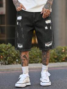 Devon Thys Men's Casual Ripped Straight Leg Blue Denim Shorts, Street Fashion For Spring/Summer - Black - View 5