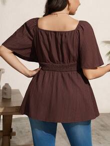 SHEIN LUNE Off-Shoulder Square Neck 2-Way Wear Flowy Hem Plus Size Blouse - Brown - View 2