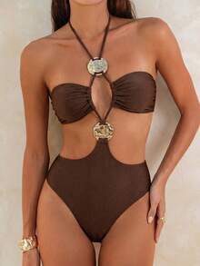 SHEIN Swim 1pc Solid Color Pearl Fabric Halter Waist Hollow Front Metal Decor Backless Tie Bikini Swimsuit For Women - Brown - View 3