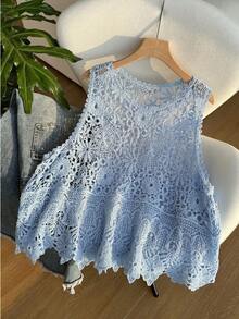 SHEIN EZwear 大码女式夏季沙滩度假休闲镂空针织背心 - 淺藍色 - 查看 3