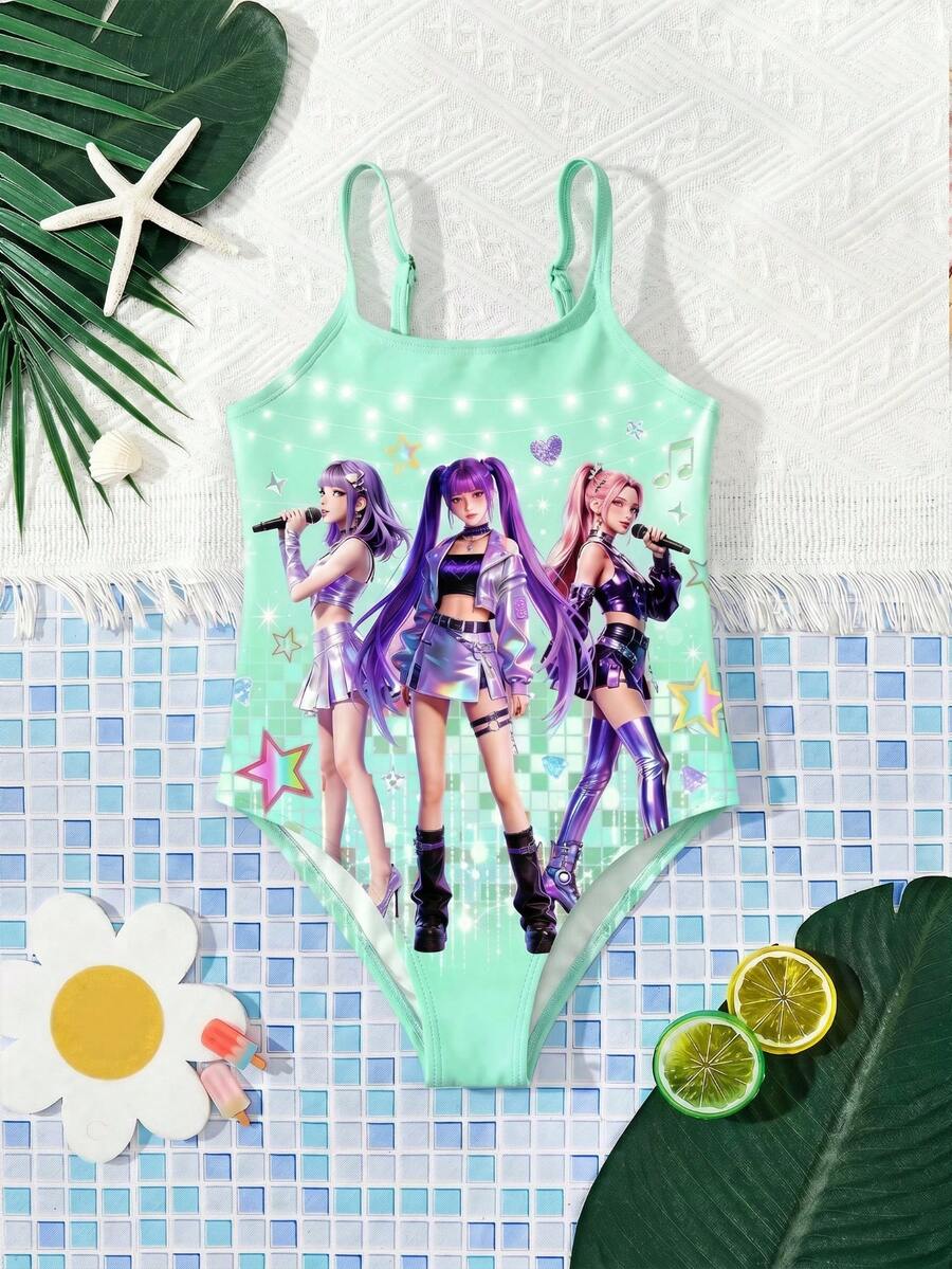SHEIN 少女星形印花连体泳衣,沙滩度假风,韩流灵感 - 綠色 - 查看 1