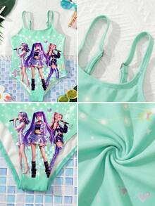 SHEIN 少女星形印花连体泳衣，沙滩度假风，韩流灵感 - 綠色 - 查看 3