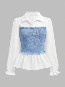 SHEIN Girlism Ensemble 2 pièces Top et Pantalon à manches longues avec patchwork de couleur unie pour adolescentes, adapté au printemps et à l'automne, décontracté et élégant, hiver, automne - Bleu ciel - Voir 6