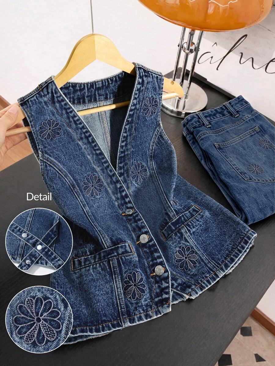 GlowEve 女款刺繡鈕扣牛仔背心 日常白天穿著 藍色花卉 夏季復古休閒 - 深色水洗藍 - 查看 1
