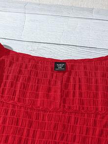 SHEIN VCAY 大尺碼女款方領格紋泡泡袖襯衫 - 紅色 - 查看 4