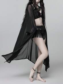 ROMWE Goth Blusa de manga de murciélago transparente de estilo gótico para vacaciones de primavera/verano en la playa - Negro - Ver 6