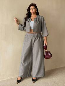 Auralis Plus Size Women Pleated Design Open Front 3/4 Sleeve Blazer Outfits Office Work Casual Elegant Summer Daily For Fall/Winter Gray - Grey - View 7