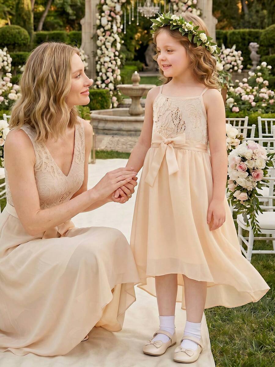SHEIN Glamorique Kids 女童小女孩洋裝,可愛優雅奢華香檳色亮片細肩帶洋裝,生日派對、婚禮節日洋裝、舞會洋裝、畢業洋裝、夏季洋裝 - 香檳色 - 查看 1