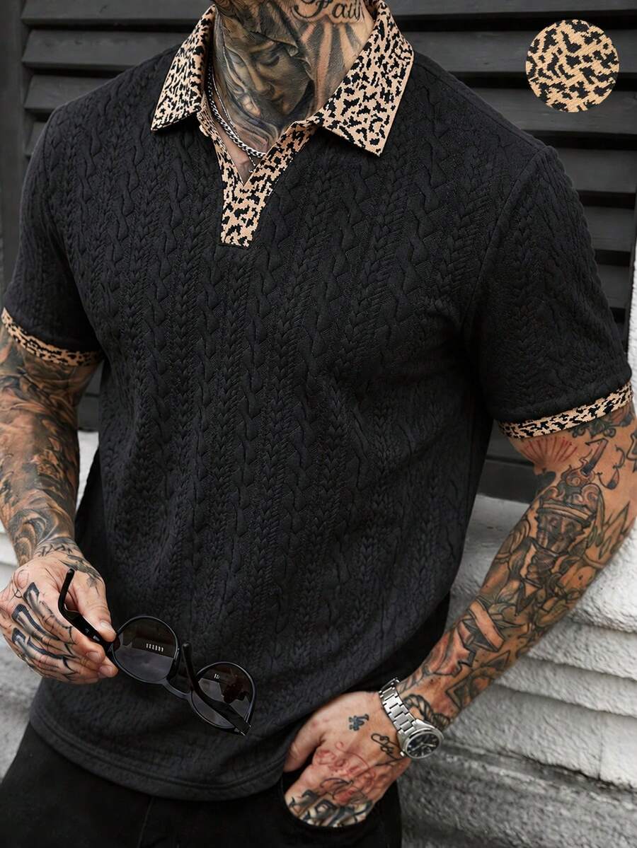 Manfinity Homme Camisa polo formal de hombre con textura de punto jacquard, estampado de leopardo, cuello y puños acanalados, para ceremonia - Negro - Ver 1