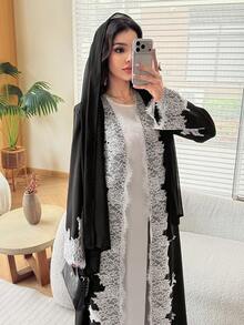 Al Najma 女款優雅日常蕾絲拼接寬鬆顯瘦刺繡穆斯林時尚拼接長袍 - 黑色 - 查看 6