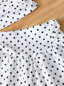 SHEIN Elladie kids 2件/組 女童圓點荷葉邊短袖T恤與休閒時尚裙組，夏季 - 黑與白 - 查看 4