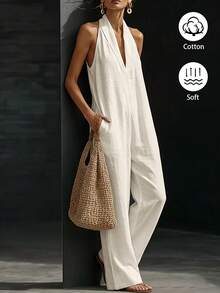SHEIN Holidaya 2026新款度假亞麻連身褲 春夏新款女式連身褲 素色休閒連身褲 柔軟舒適寬腿褲 居家服 Y2K街頭風 度假出遊日常穿搭 亞麻連身褲 素色夏季連身褲 青少年風格 奶油白連身褲 奶油色連身褲 - 白色 - 查看 6
