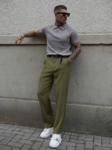 Artur Kramer Men's Solid Color Pleated Slim Straight Suit Pants - Army Green - View 5