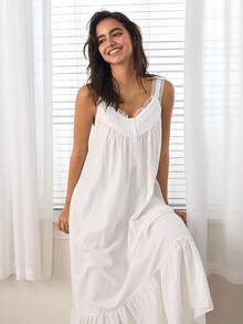 Ocili Women's 100% Cotton Contrast Lace Loose Camisole Dress, Summer Sleepwear - White - View 8