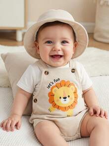 SHEIN Playful Pals 新生兒男嬰/女嬰中性服裝套裝，綠色與白色條紋吊帶連身褲，舒適百搭休閒極簡風格，適合春季、夏季、室內、室外、日常、運動、派對、節日，0-3歲 - 卡其色 - 查看 4