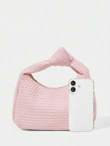 SHECARRY Women's Fashion Light Pink Handbag, Exquisite Woven PU Material, Simple Knotted Portable Half-Moon Bag, Suitable For Daily, Commuting, Shopping, Dating, Gifts, Vacation, Travel - Crystal powder - View 6