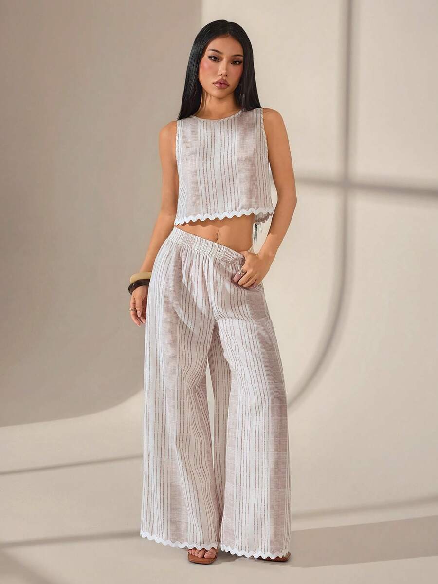 SHEIN PETITE Women's White Crew Neck Sleeveless Top And Pants 2 Pieces Set, Vacation,Summer Linen Style Casual Boho Ruffle Trim Contrast Color 2-Piece Set - Apricot - View 1