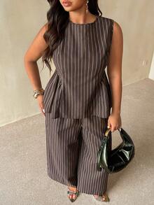 Auralis Plus Size Women's Round Neck Chocolate Brown Top And Long Pants Casual Elegant Daily 2 Pieces Set Office Formal Outfits For Work Summer Teachers' Day - Coffee Brown - View 4