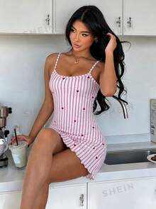 ZzzCrew Women's Striped Heart Print Frill Trim Camisole Nightgown - Multicolor - View 7