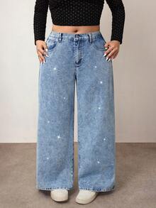 Enliva Jeans casuales de pierna ancha y sueltos con bolsillos de strass para mujer talla grande, para Body con forma de manzana y redondeado, para otoño - Azul lavado oscuro - Ver 5