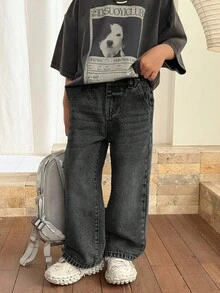 SHEIN 小男孩流行石洗休閒寬腿鬆垮牛仔褲，兒童春夏日常穿著 - 黑色 - 查看 4