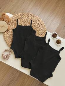 SHEIN Babygirl Casual Minimalist Knit Solid Color Camisole Snap-Bottom Camisole 3pcs Set - Black - View 2