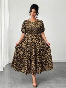 Elenzga Gaun A-line Wanita Ukuran Besar Lengan Pendek Elegan Gaya Liburan Motif Bunga dengan Karet Dada dan Pinggang yang Dikencangkan, Patchwork Berlapis-lapis, Cocok untuk Musim Semi dan Musim Panas - Coffee Brown - View 4