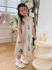 Dazy Kids 少女植物圖案圓領休閒無袖洋裝 度假夏季款 - 米色 - 查看 4