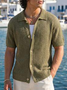 Ironwick Men's Solid Color Button Front Short Sleeve Casual Knitted Top - Dark Green - View 1
