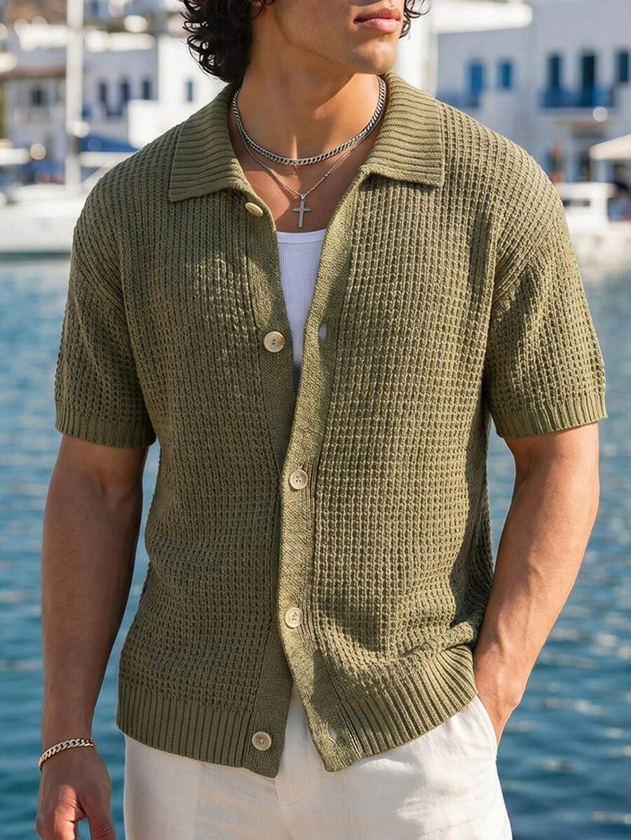 Ironwick Men's Solid Color Button Front Short Sleeve Casual Knitted Top - Dark Green - View 1
