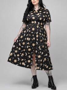ROMWE Hippie Summer Dress Fairycore Vintage Mori Style Sun & Moon Star Print Short Sleeve Shirt Collar Plus Size Women Dress - Black - View 1