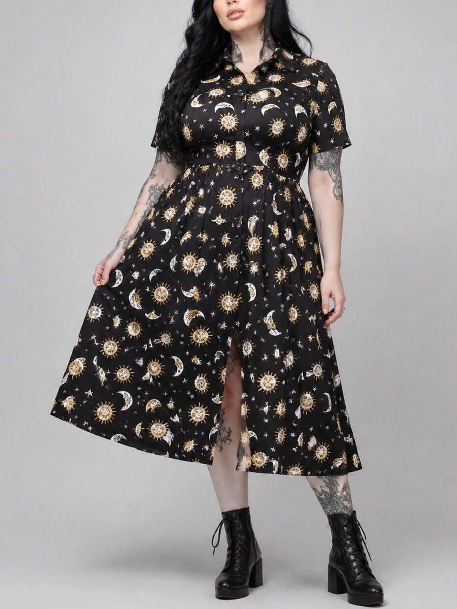 ROMWE Hippie Summer Dress Fairycore Vintage Mori Style Sun & Moon Star Print Short Sleeve Shirt Collar Plus Size Women Dress - Black - View 1