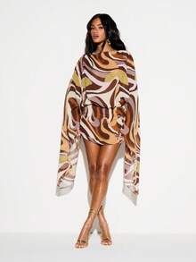 KIZN Swirl Print Boat Neck Open Back Mini Dress With Long Bell Sleeves And Belted Waist For Party Evening Cocktail Events - Multicolor - View 5
