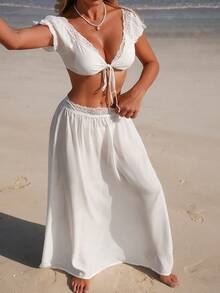 Swim Vcay Conjunto de 2 piezas de cobertura de playa elegante y casual para vacaciones 2026, nuevo para mujer, blanco, con hombros descubiertos, encaje, con lazo y corto - Blanco - Ver 5
